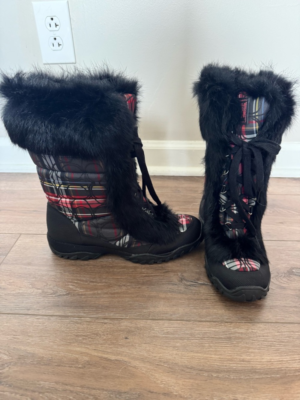 Coach Black Faux Fur Lace-Up Winter Boots with Plaid Trim - Picture 2 of 2